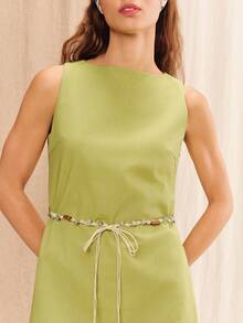 lacRébo Elegante vestido mini de lino verde de corte holgado con cinturón de cuentas estilo bohemio, estilo francés para vacaciones de verano - Beis - Ver 3