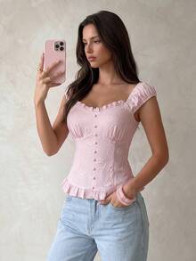 Modelyn 法式甜美修身荷葉邊泡泡袖上衣，粉紅色，適合女孩，度假、夏季茶會優雅穿搭 - 淺粉色 - 查看 5
