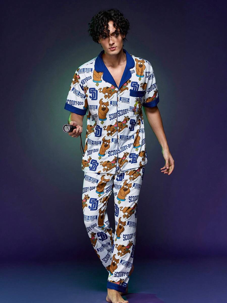 Notgurli SCOOBY-DOO X SHEIN Men's Cartoon Letter Pattern Collar Shirt Top And Bottom Loungewear Set - Multicolor - View 1