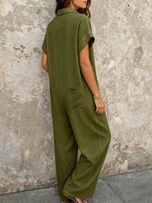 EMERY ROSE Plus Size Women's Solid Color Button Casual Daily Travel Jumpsuit Wide Leg Pants - Green - View 2