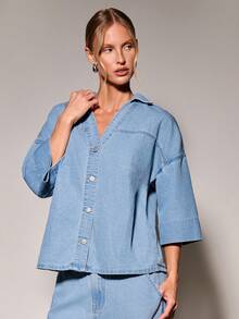 COSMINA Denim Set Denim Wanita Lengan Gulung Rumbai Warna Polos Kancing untuk Ulang Tahun, Sehari-hari, Pergi Keluar, Liburan, Biru Muda, Musim Panas, Kasual - Biru - View 5