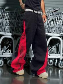 Manfinity EMRG Men's Contrast Graphic Print Loose Fit Jeans With Slant Pockets - Black - View 3