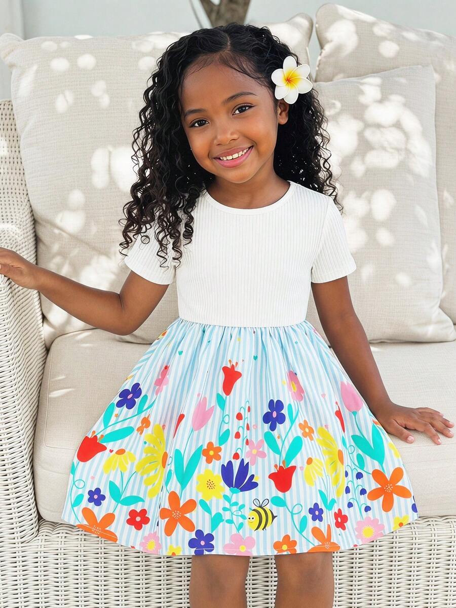 Young Girl Knitted Solid Color Round Neck Patchwork Woven Striped Hem Casual Floral Print Dress - Multicolor - View 1