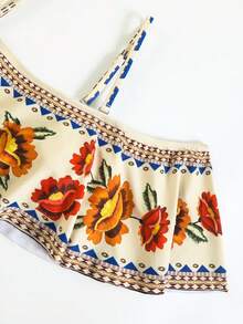 Swim Oasis Set Bikini Wanita Seksi Model Bandeau Tanpa Bahu dengan Tali Bahu yang Dapat Dilepas, Motif Bunga dan Hiasan Ruffle, untuk Liburan Pantai Musim Semi/Panas, Perjalanan dan Gaya Jalanan + Celana Pantai Jala Motif Bunga yang Serasi - MultiWarna - View 4