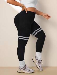 Easithlete Plus Size Women's High Waist Solid Color Patchwork Casual Tight Leggings Yoga Pants - Black - View 3