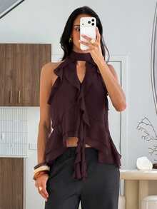 Aloruh Women's Elegant Sexy Commute Brunch Night Out Sleeveless Burgundy Chiffon Blouse With Ruffle Trim, Work Tops, Office Attire, Social Blouse, Summer - Red Violet - View 8