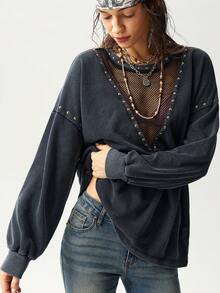 Bohemela Plus Size Women's Fashion Hip-Hop Rivet Contrast Mesh Sheer Design Sweatshirt Fall - Black - View 4