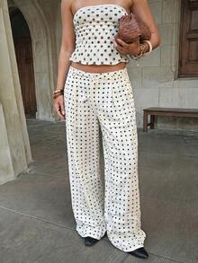 SHEIN PETITE Women's Spring/Summer New Polka Dot Wide Leg Pants With Slant Pockets - Apricot - View 13