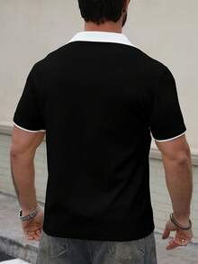 Manfinity Homme 男士夏季休閒雙色拼接 Polo 短袖襯衫 - 黑色 - 查看 2
