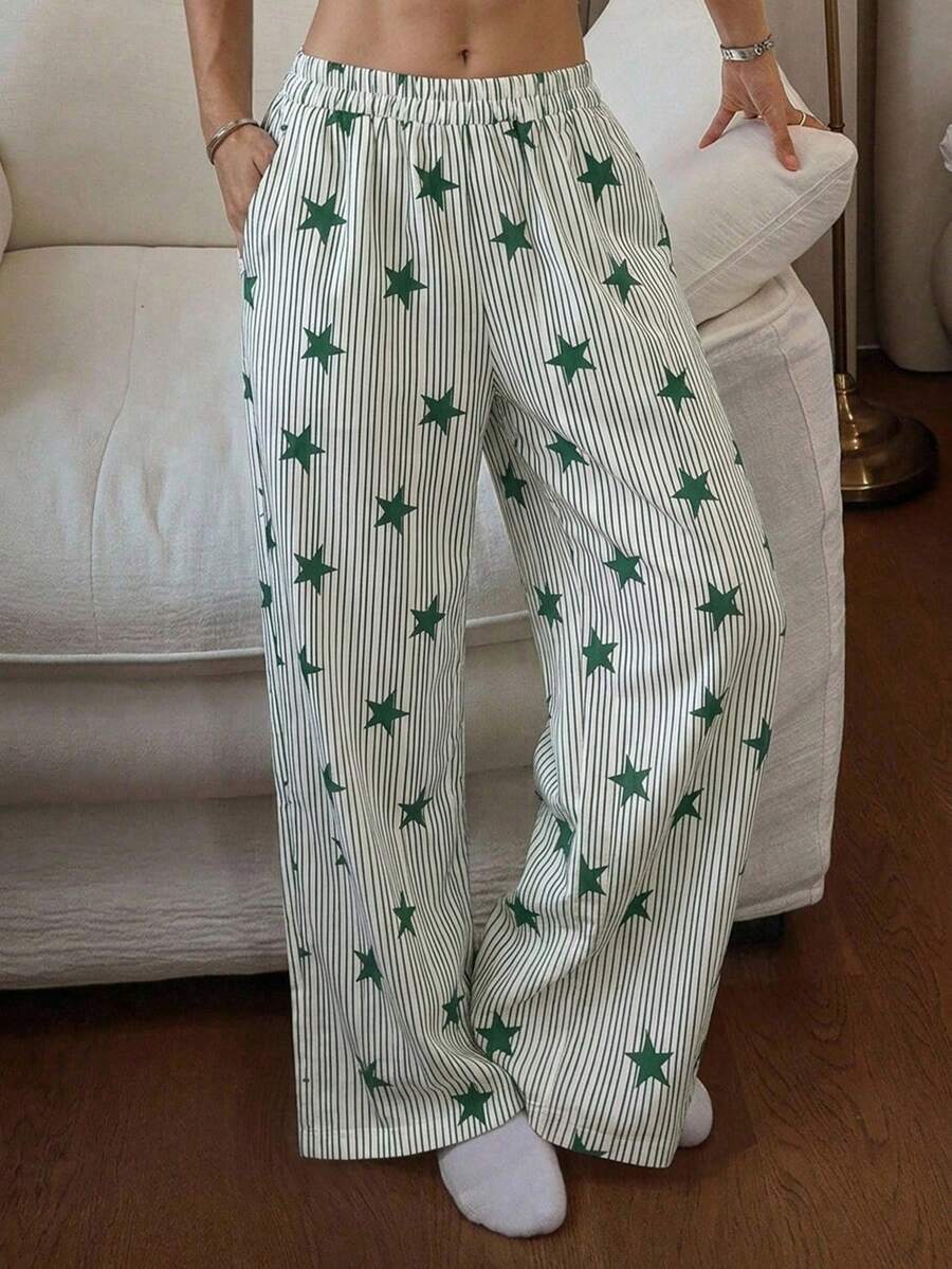DAZY 條紋星星圖案滿版印花寬鬆女款睡褲睡衣下身褲 - 綠色 - 查看 1