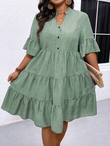 Linhara CURVE Women's Plus Size Solid Color V-Neck Ruffle Hem Dress - Green - View 7
