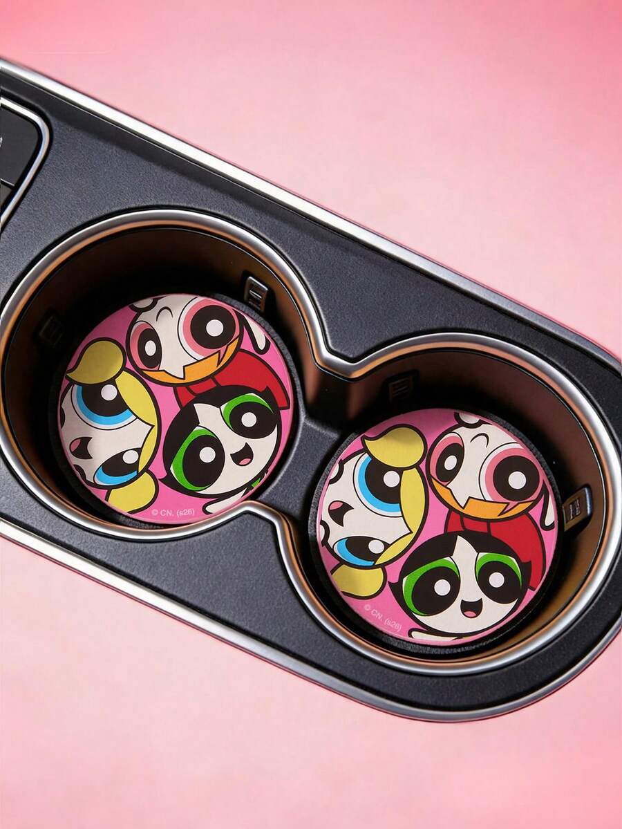 THE POWERPUFF GIRLS X SHEIN PU皮革汽車杯墊,防震、通用、時尚,可放入汽車杯架,亦可用作汽車或居家辦公室杯墊,友誼、氣泡、花朵、毛茛 - A - 查看 1