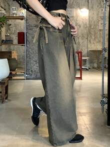 FRIFUL Women's Lace-Up Design Pleated Wide Leg Loose Casual Denim Jeans - Blue - View 5