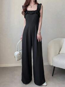 FRIFUL Mono suelto de mujer de color liso con volantes estilo francés para verano - Negro - Ver 4