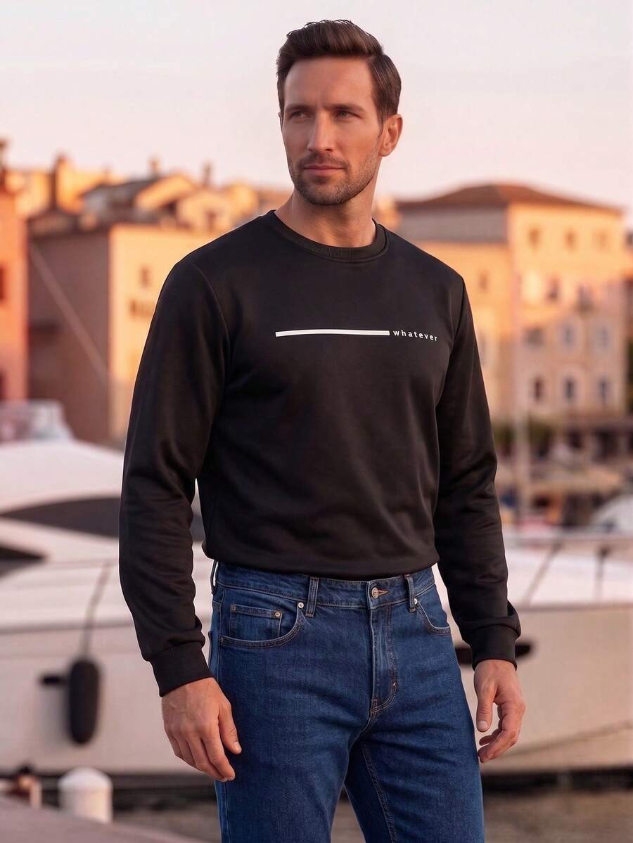 Men's Casual Versatile Daily Commute Minimalist Printed Crew Neck Short Sleeve Sweatshirt, Spring/Autumn Spring To Summer - Black - View 1