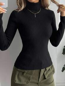DAZY Ribbed Knit Turtleneck Jumper - Black - View 12