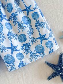 SHEIN Tween Boy Summer Beach Vacation Style Shell Starfish Coral All-Over Print Loose Swim Trunks - Blue and White - View 6