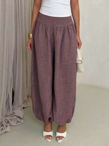 Glamine Women's Elegant Sexy Vacation Wide Waist Bubble Leg Loose Fit Pants - Apricot - View 4