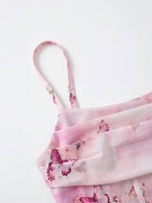 SHEIN Girlism 青少年女孩粉色碎花小印花針織素色胸前抓皺收腰優雅吊帶洋裝，少女街頭派對穿搭洋裝，春/夏，度假節日 - 紫色 - 查看 7