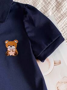 Gaun Polo Longgar dengan Kerah Polo, Minimalis Serbaguna, Bordir Kartun, Hem Bergelombang, untuk Anak Perempuan di Musim Panas, Kasual, untuk Perjalanan Sehari-hari, Cocok untuk Perjalanan Langsung. - Navy Blue - View 5