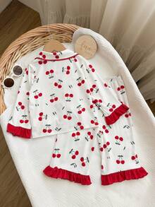 Dozemod Baby Girl Sweet Simple Fruit Pattern Turn-Down Collar Button-Up Ruffle Decor Long Sleeve Long Pants Comfortable Skin-Friendly Knit Pajama Set 2pcs - Red and White - View 2