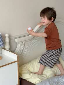 DAZY Baby Boy Round Neck Solid Color T-Shirt And Striped Shorts Pajama Set - Orange - View 1
