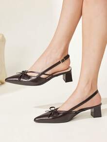 CUCCOO CHICEST Dark Brown Pointed Bow Slingback Thick Heel Sandals, Workplace Commuting Temperament Shoes - Avocado dark brown - View 2