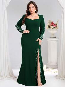 Coutiva Đầm dạ hội chính thức size lớn đính ngọc trai giả, xẻ tà gấu váy (thiết kế tinh xảo) - màu xanh lá - Xem 5