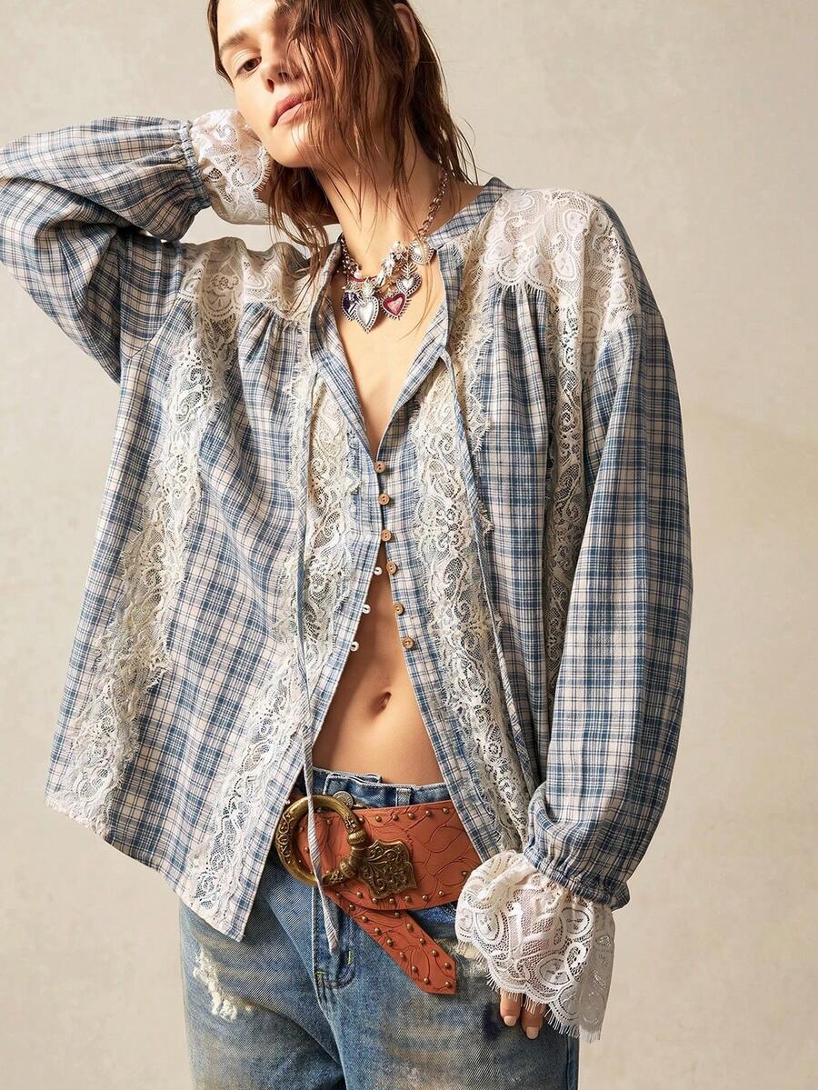 Bohemela Spring/Summer|Women's Casual Woven Vintage Plaid Lace Patchwork Shirt|Daily/Beach/Vacation/Festival/Party|Western|4th Of July|Country Concert|Juneteen - Blue - View 1