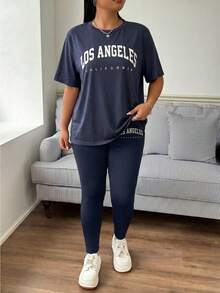 SHEIN EZwear 大尺碼女款字母印花圓領短袖T恤與休閒緊身褲2件套，春/夏 - 藏蓝色 - 查看 4