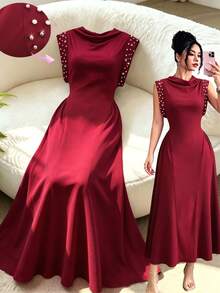 Modelyn Elegant Women's Cowl Neck Dress With Sequin Embellishment, Asymmetric Waist Design And Flared Hem - Burgundy - View 8