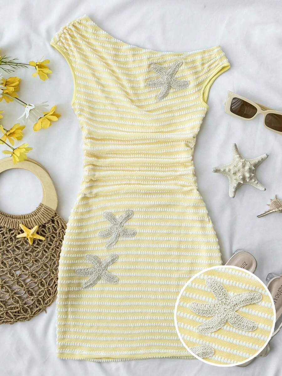 Kids Teen Girls Summer New Holiday Cream Yellow White Textured Striped Off-Shoulder Ruffle Bodycon Mini Dress For Girls Teens Beach Cute - Yellow - View 1