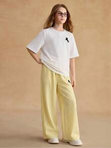 Tween Girl Embroidered White Crew Neck Short Sleeve T-Shirt And Yellow Wide Leg Pants Set - Multicolor - View 8