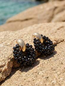 SHEIN Swim 1 Pair Handmade Bohemian Style Faux Crystal & Seed Bead Earrings, Petite Geometric Round Earrings, Fashion Jewelry Gift For Valentine's Day, Mother's Day, Wedding, Friends And Lovers, Suitable For Women's Daily, Vacation, Party Wear (Handcrafted Seed Bead Color, Quantity And Placement Are Random) - Black - View 2