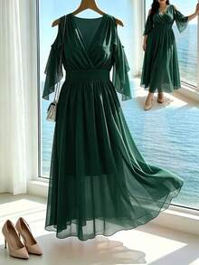 Franclia Vestido largo elegante de unicolor con volantes para mujer talla grande para primavera y verano - Verde Oscuro - Ver 1