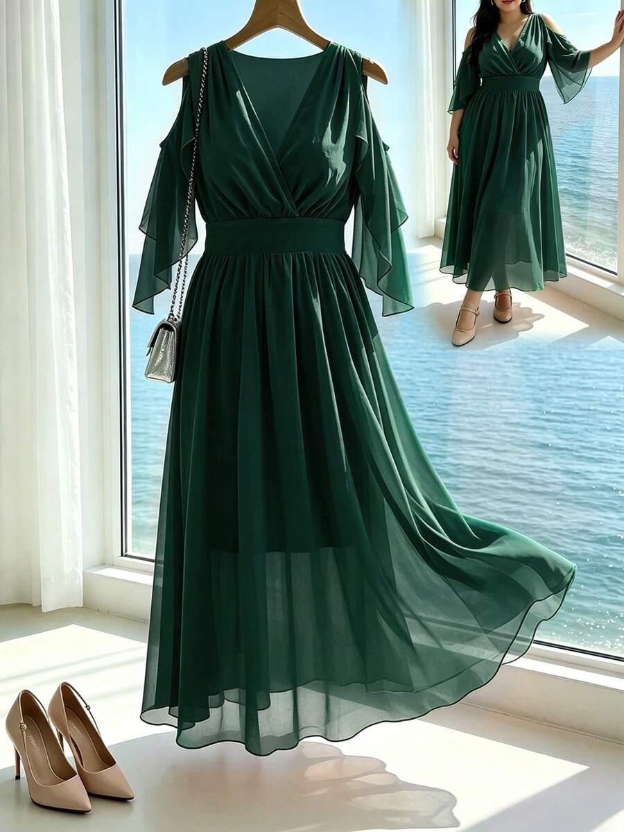 Franclia Vestido largo elegante de unicolor con volantes para mujer talla grande para primavera y verano - Verde Oscuro - Ver 1