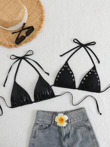 26SS Primavera/Verano Top de Bikini de Cuello Triangular con Patrón de Maíz en Cuero Charol 2 piezas - Negro - Ver 1