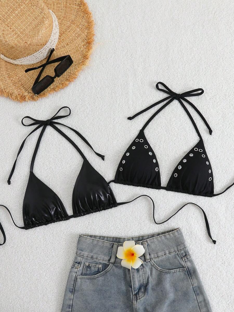 26SS Primavera/Verano Top de Bikini de Cuello Triangular con Patrón de Maíz en Cuero Charol 2 piezas - Negro - Ver 1