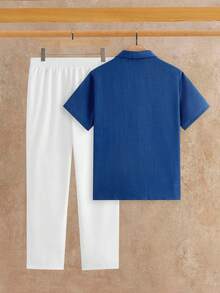 HIMLAND 2件組 男士夏季休閒通勤戶外派對紋理領短袖襯衫 & 長褲套裝，度假，父親節禮物 - 藏蓝色 - 查看 2