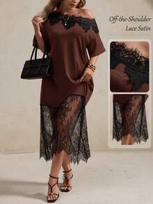 Elegantrix Plus Size Women's Spring/Summer Asymmetrical One-Shoulder Lace Patchwork Elegant Dress - Brown - View 1