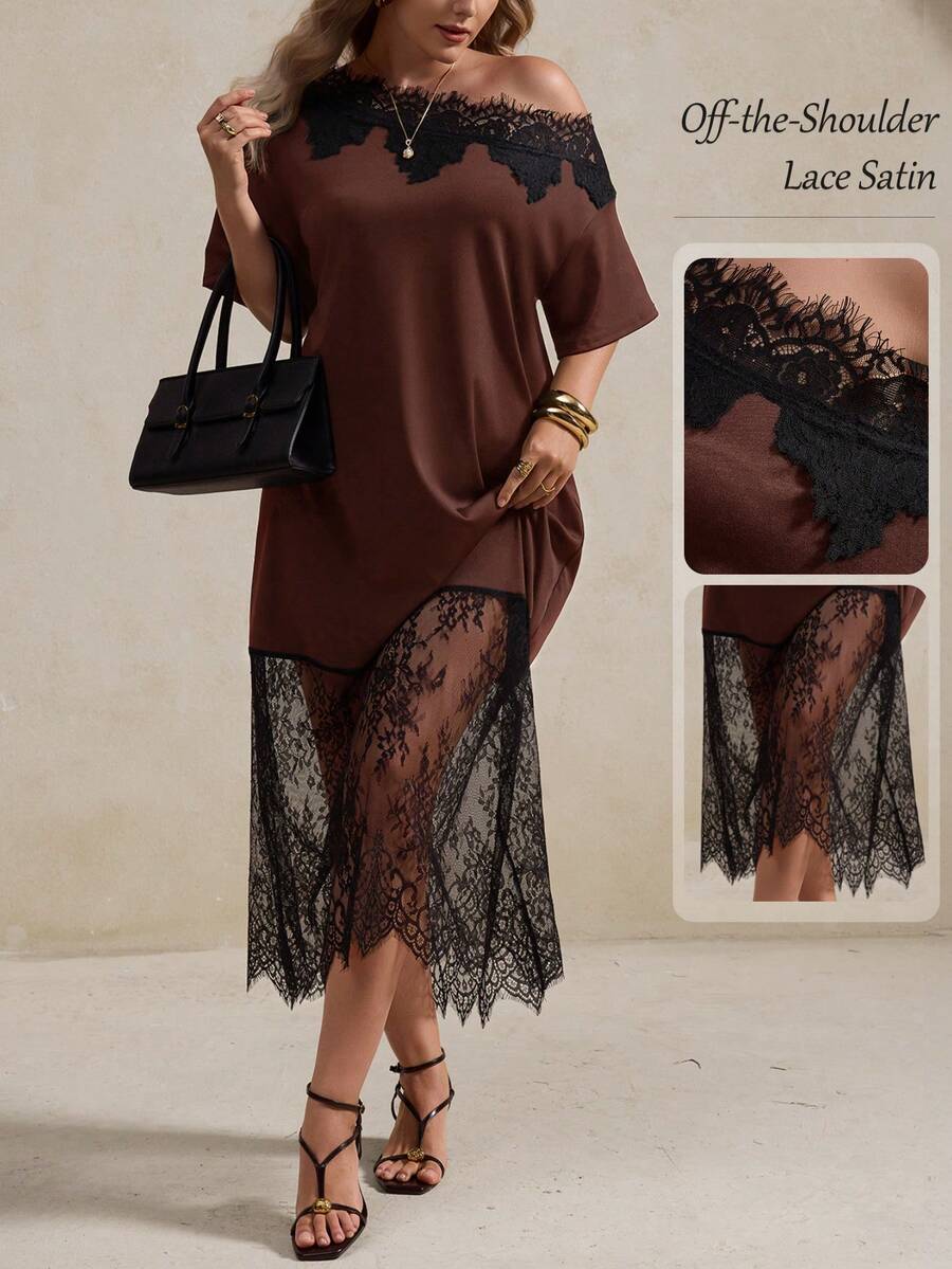Elegantrix Plus Size Women's Spring/Summer Asymmetrical One-Shoulder Lace Patchwork Elegant Dress - Brown - View 1