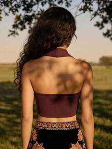 CAJUNI Minimalist Sexy Short Halter Neck Burgundy Top Casual And Elegant Night Out Summer - Brown - View 2