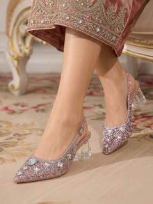 CUCCOO TILAWA Women's Crystal And Glass Rhinestone Pointed Pink High-Heeled Shoes, Suitable For Going Out, Banquets, Parties And Other Activities - Pink - View 2