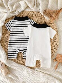 SHEIN 2piezas/Set Mono Infantil Casual Lindo con Cuello de Botones, Manga Corta, Estampado y Bloques de Color a Rayas - Blanco y Negro - Ver 3