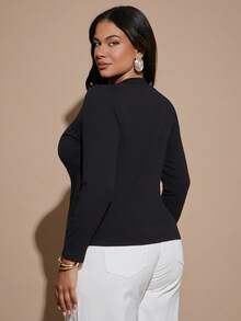 SHEIN BAE CURVE 大尺碼女款黑色長袖金屬鈕扣前開襟上衣 - 黑色 - 查看 2