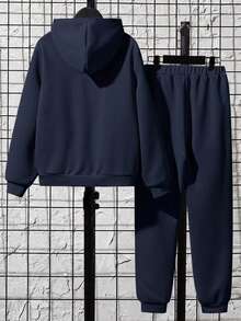 SHEIN Conjunto de 2 piezas de sudadera con capucha de unicolor con relieve y pantalones de punto casuales y cómodos para niño preadolescente - Azul Marino - Ver 2