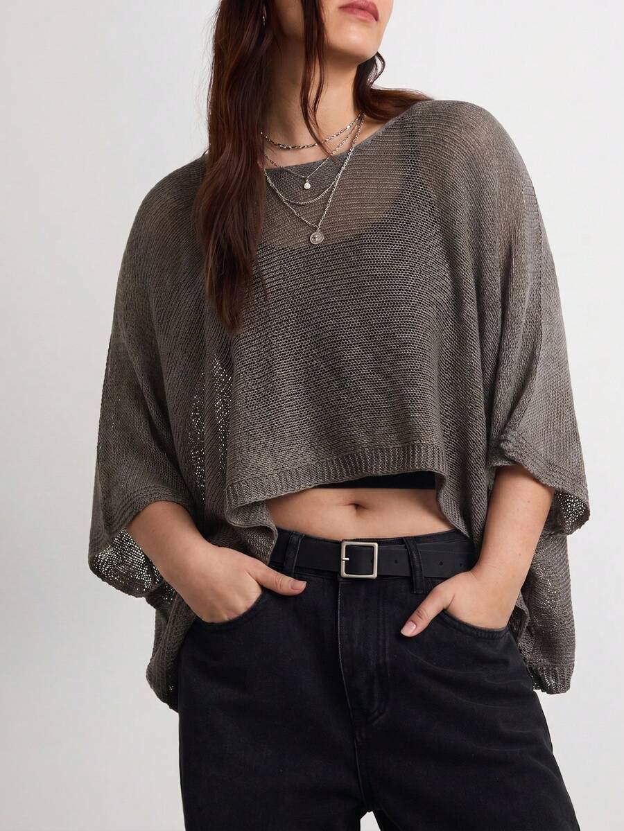 Easelle 女士纯色时尚百搭日常通勤毛衣 - 灰色 - 查看 1