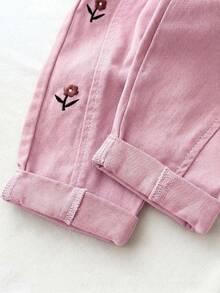 LMoss Kids Celana Panjang Longgar Model Meruncing Motif Bordir Bunga Denim Khaki untuk Bayi Perempuan - Berwarna merah muda - View 11