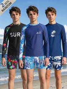 SHEIN 2pcs/Set Teen Boy Casual Vacation Printed Long Sleeve Swimsuit And Swim Trunks - Multicolor - View 3