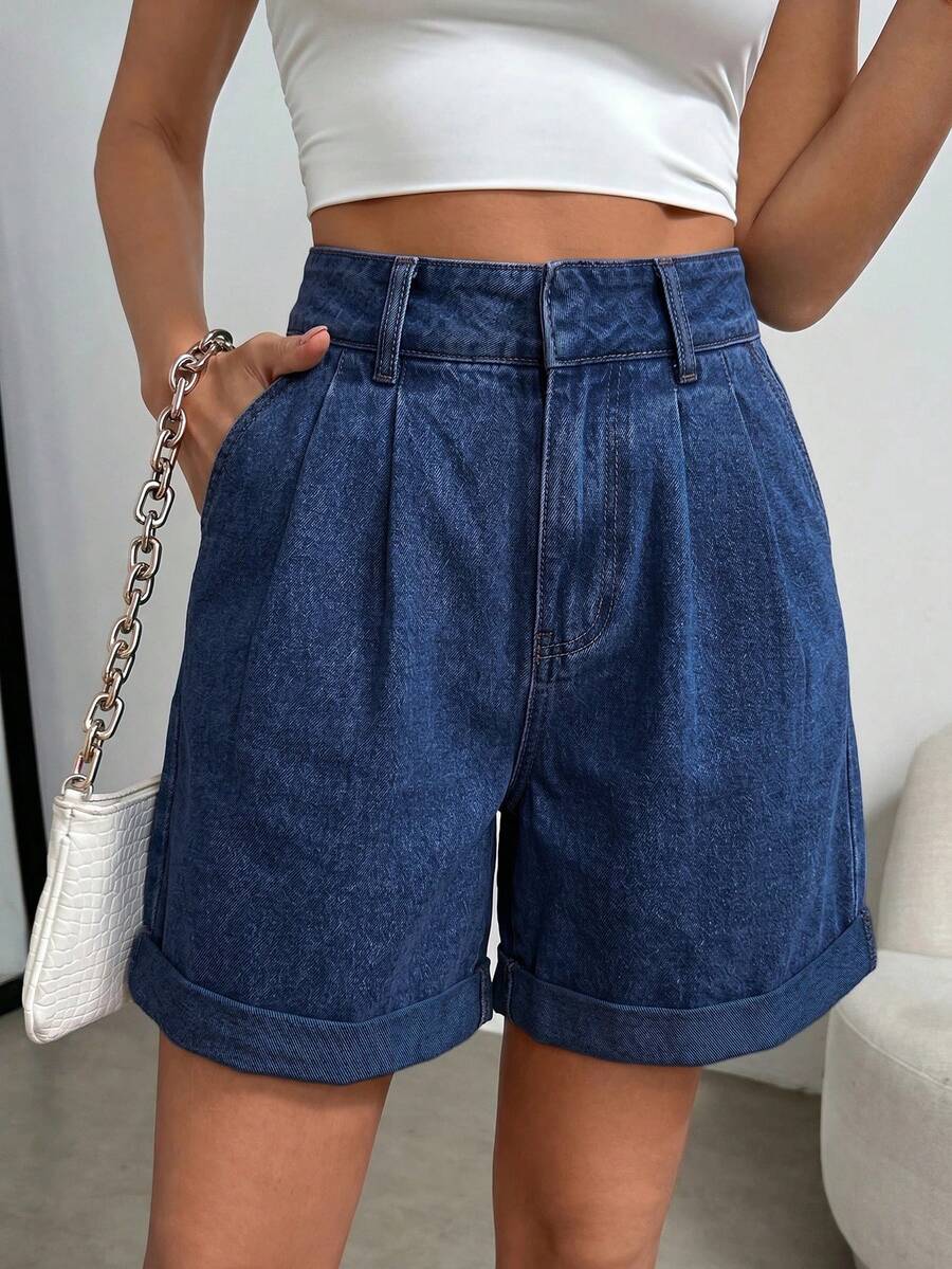 Slaydiva Plus Size Fashion Streetwear Pleated Denim Shorts With Pockets - Blue - View 1